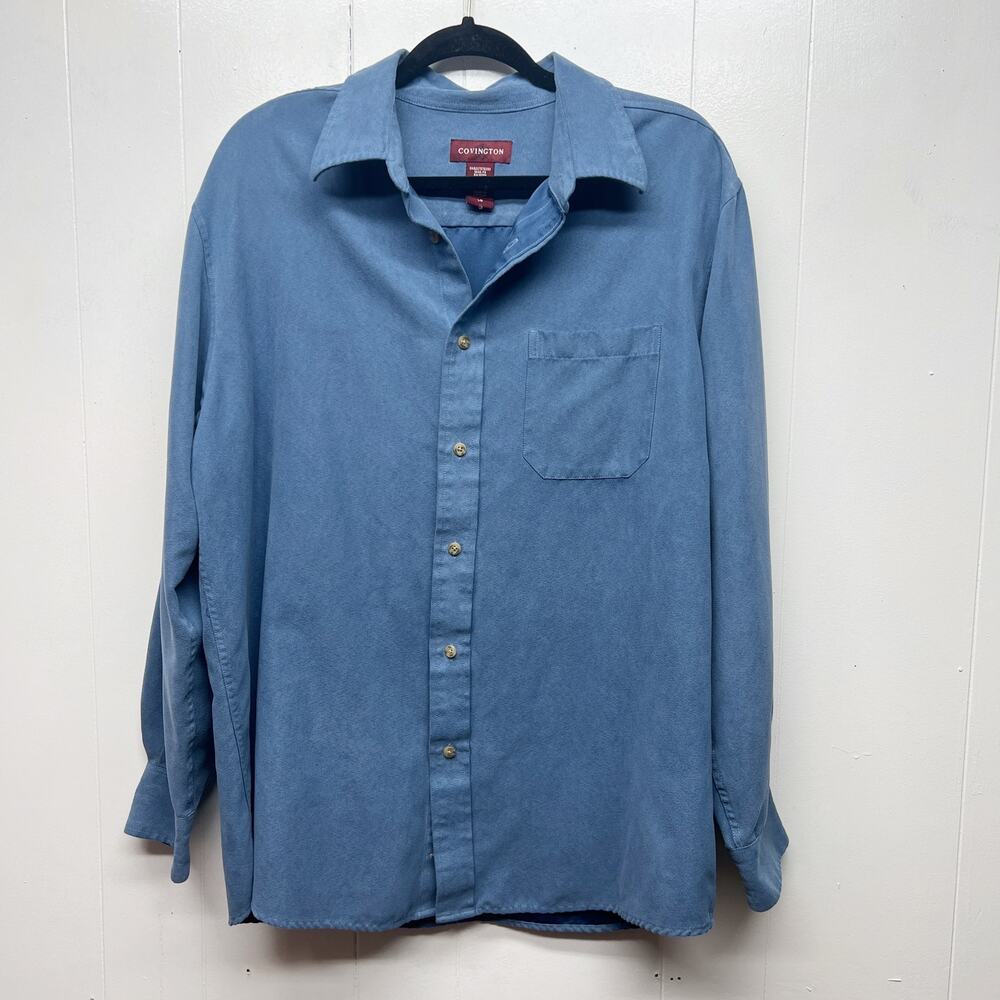 Covington Men's Button Front Long Sleeve Blue Shirt Size Large Faux Suede
